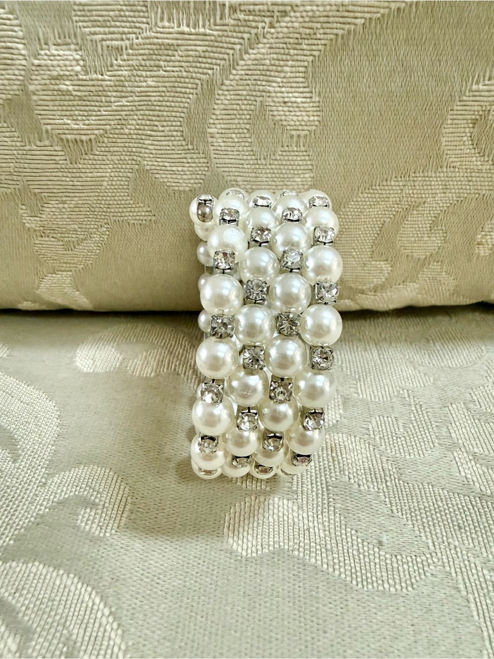 Vintage 4-Row Faux Pearl & Rhinestone Memory Wire Wrap Bracelet